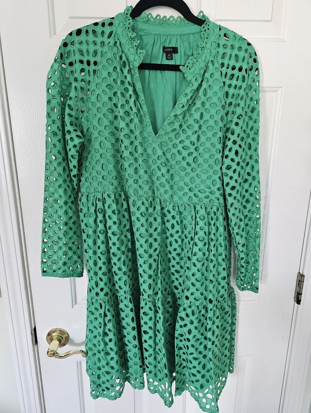 J.Crew Green Eyelet Tiered Mini Dress Size Medium Cotton Lace